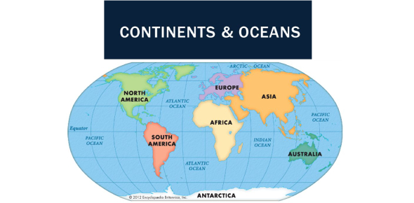 Map of continents and oceans