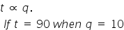 t space proportional to space q.
space I f space t space equals space 90 space w h e n space q space equals space 10