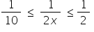 1 over 10 space less or equal than space fraction numerator 1 over denominator 2 x end fraction space less or equal than 1 half space
