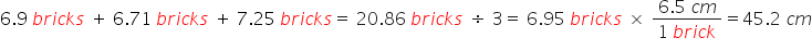 6.9 space b r i c k s space plus space 6.71 space b r i c k s space plus space 7.25 space b r i c k s equals space 20.86 space b r i c k s space obelus divided by space 3 equals space 6.95 space b r i c k s space cross times space fraction numerator 6.5 space c m over denominator 1 space b r i c k end fraction equals 45.2 space c m