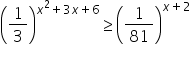 open parentheses 1 third close parentheses to the power of x squared plus 3 x plus 6 end exponent greater or equal than open parentheses 1 over 81 close parentheses to the power of x plus 2 end exponent