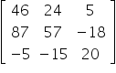 open square brackets table row 46 24 5 row 87 57 cell negative 18 end cell row cell negative 5 end cell cell negative 15 end cell 20 end table close square brackets